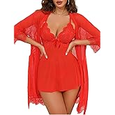 Donnalla Women's 3 Piece Babydoll Lingerie Set with Kimono Robe & G-String, Lace Chemise & Mesh Nightgown