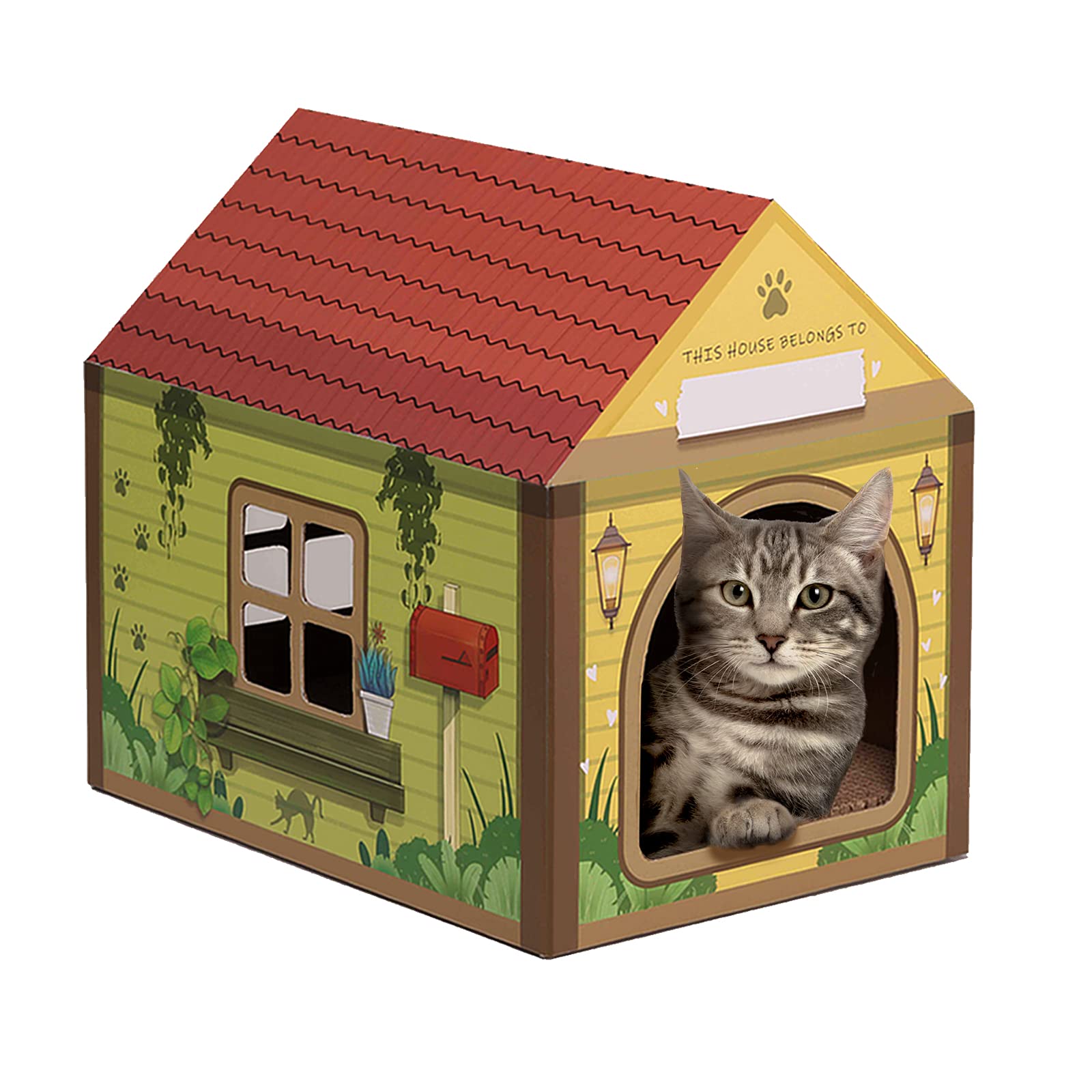 SEKAM Cardboard House with Scratcher/Catnip, (42 x 30.5 x 38 cm) Indoor Cat Play House - Customized Name Space for Kitties, Arched Door Cottage Scratch Toy for Birthday