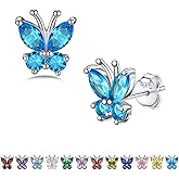 Bestyle Sterling Silver Butterfly Earrings for Women, Dainty Cute Birthstone Studs Hypoallergenic Jewelry, Great Birthday Gift