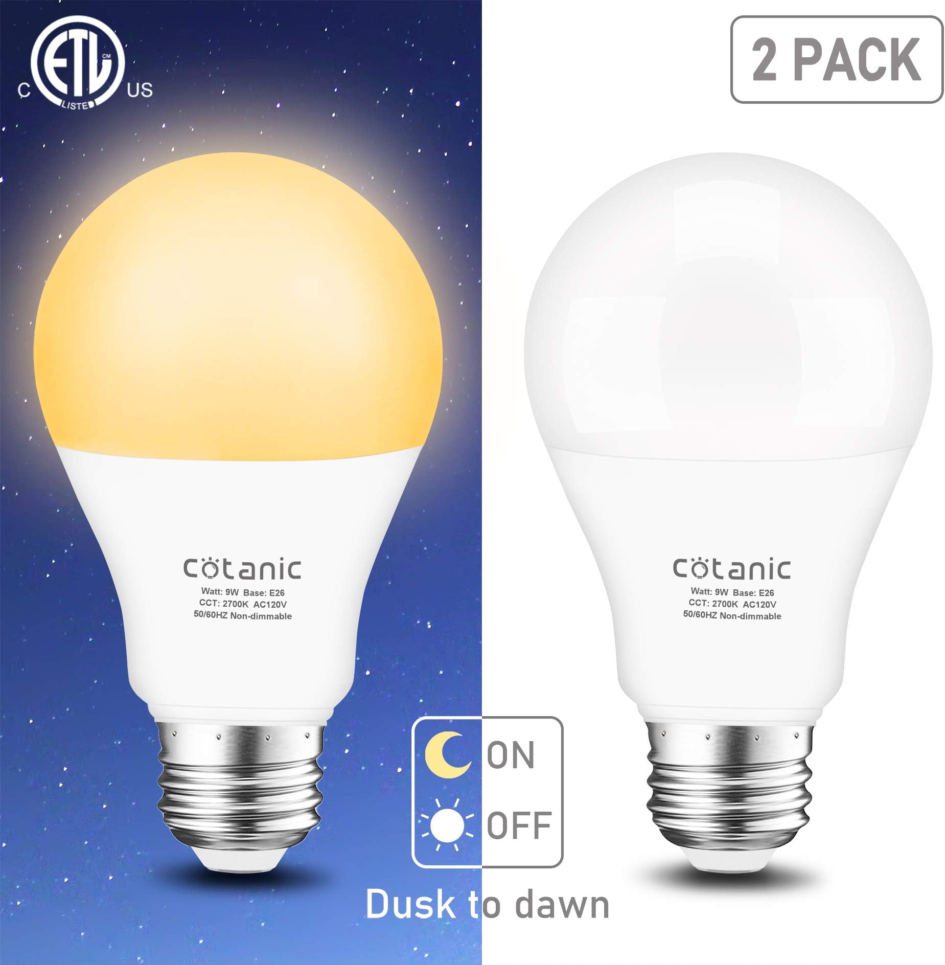 A19 LED Dusk to Dawn Light Bulb,Cotanic E26 Sensor Light Bulb with