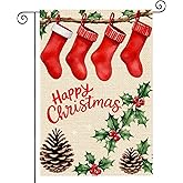 HOMETITUTE Happy Christmas Garden Flag 12x18 Inch Welcome Garden Flags Burlap Double-Sided Red Stockings Pinecones Holly Seasonal Outdoor Holiday Banner Winter Flag for Yard Lawn Decoration