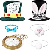 EverJoy Party White Rabbit and Mad Hatter Costume Set – 6-Piece Set with Hats, Neck Clock, Tail, Bunny Nose, and Ribbon – Costume for Adults