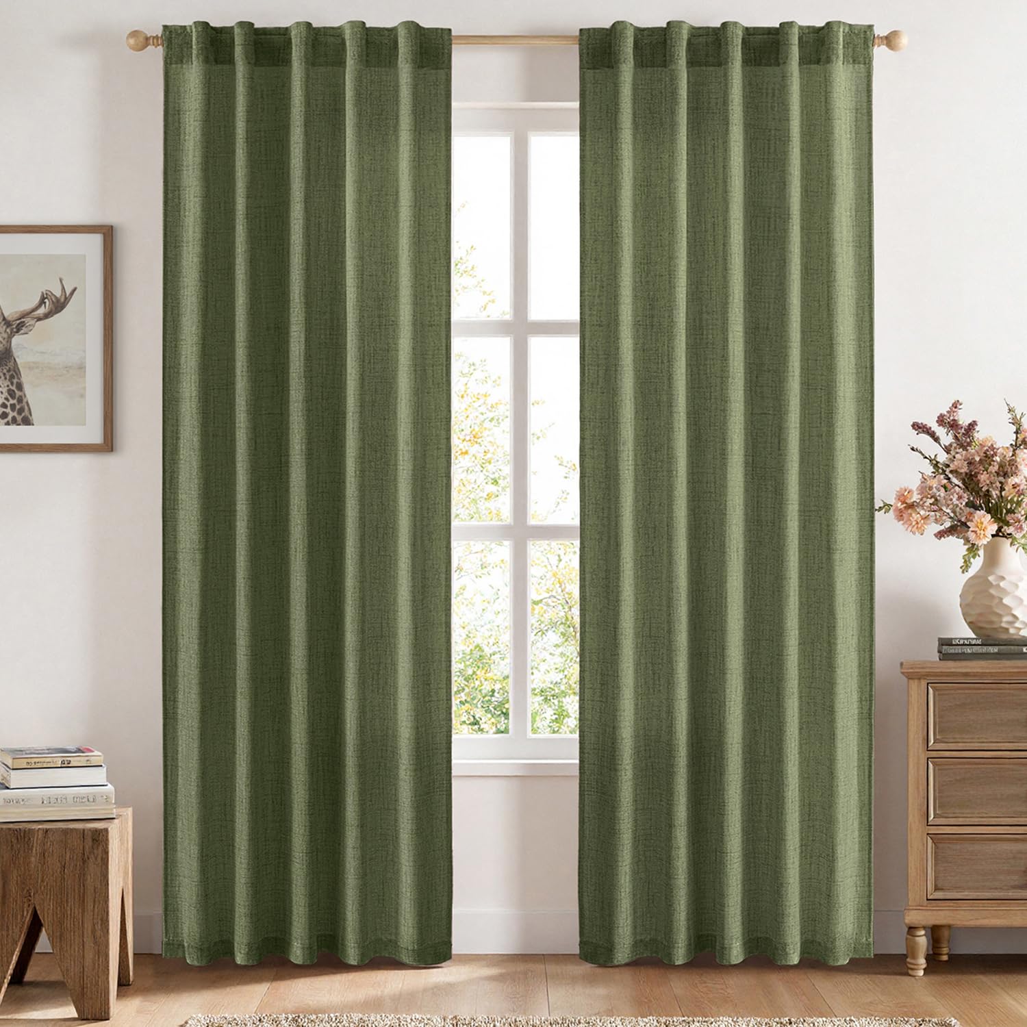 Photo 1 of MIULEE Faux Linen Curtains 84 Inch Length 2 Panels Natural Olive Green Semi Sheer Curtain with Back Tab Rod Pocket, Light Filtering Window Privacy Burlap Drapes for Living Room Bedroom 42W x 84L