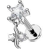 OUFER 16G Internally Threaded Star Lip Stud – Stainless Steel Flat Back Piercing Jewelry for Lip, Helix, Cartilage, Tragus, Medusa, Conch, 8mm Bar, CZ Dangle for Women Men