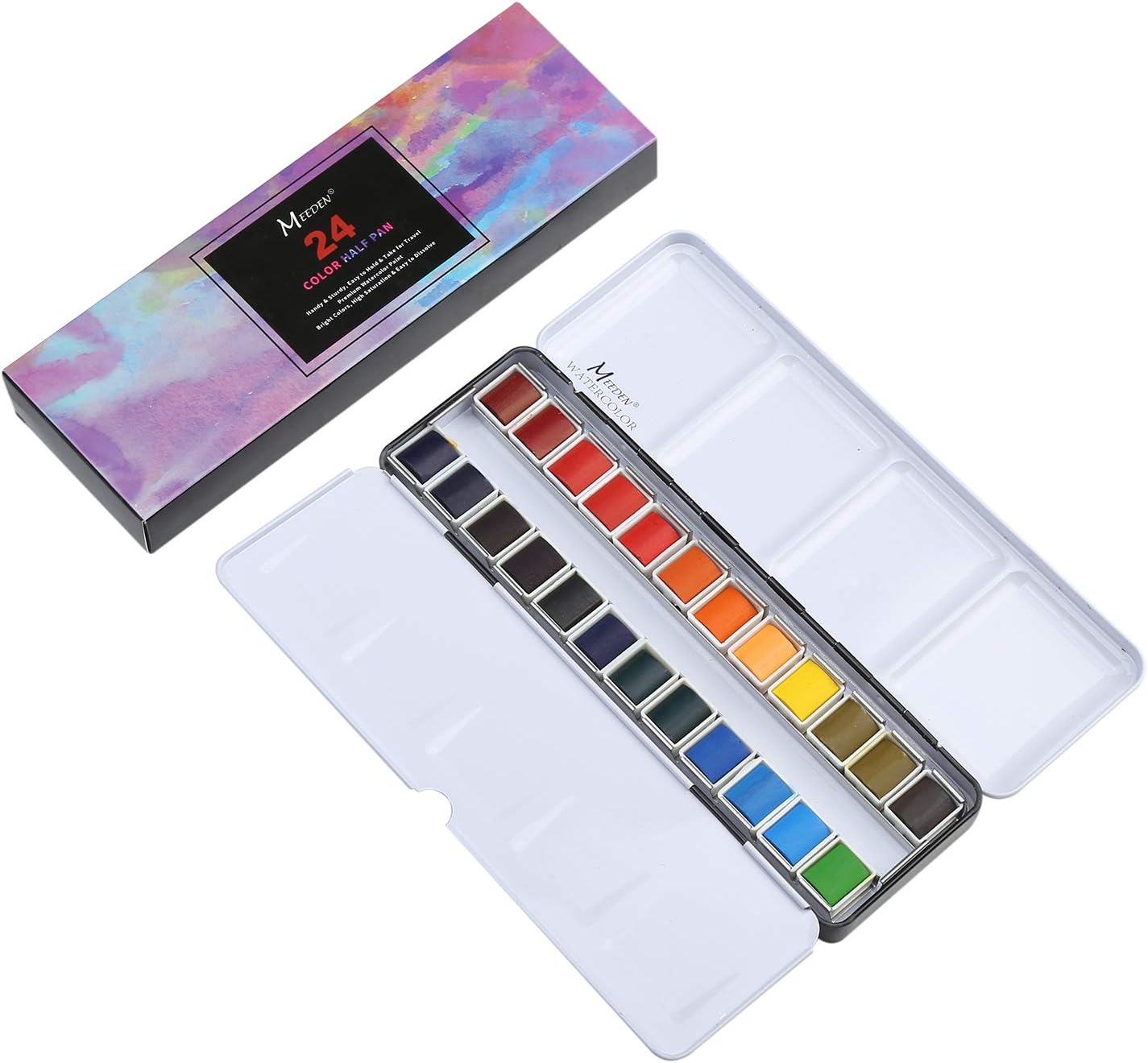 MEEDEN Art Watercolor Tin Palette Paint Case Box with 24 Colors Half