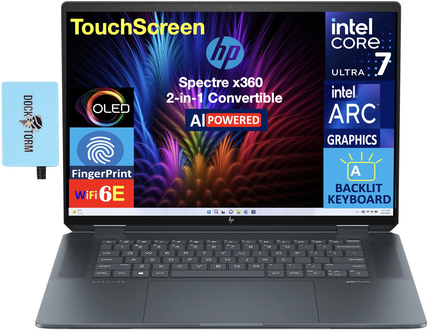HP Spectre x360 AI Powered 2-in-1 Laptop 16.0" Touchscreen OLED 2.8K Display (Intel Ultra 7-155H, 32GB LPDDR5X, 1TB PCIe SSD, Backlit KB, Fingerprint, Win 11 Pro) Bundle w/Hub DKZ