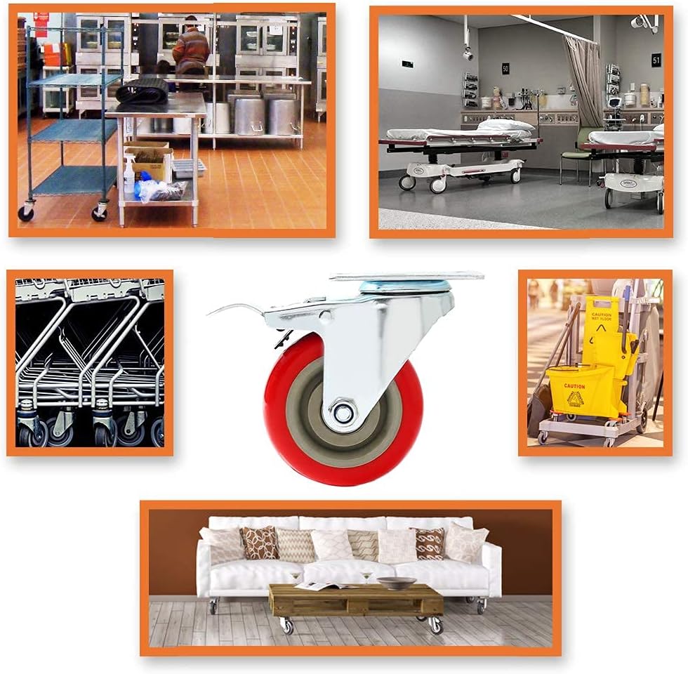 8 Pack 4" Caster Wheels Swivel 360 Degree 4 with Brake Swivel and 4 Swivel Plate Combo On Red Polyurethane Wheels with Hardware: Home Improvement