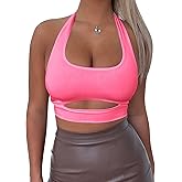 Mokoru Women's Sexy Halter Sleeveless Cut Out Crop Tops Square Neck Double Layer Backless Tank Cami