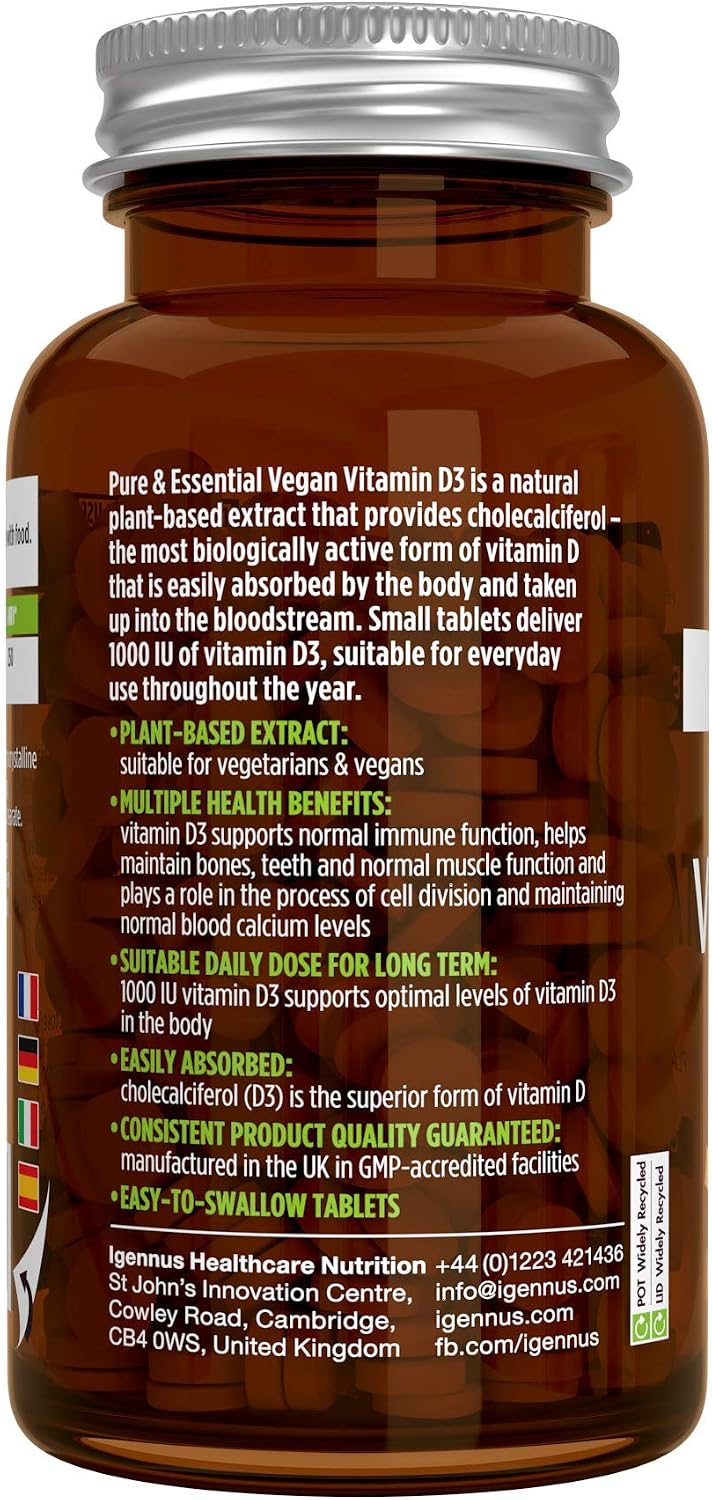 Igennus Pure & Essential, Vegan Vitamin D3, 1-Year Supply, 1000 iu, Natural Plant-Based Algae, Small Tablets for Kids & Adults - Image 5