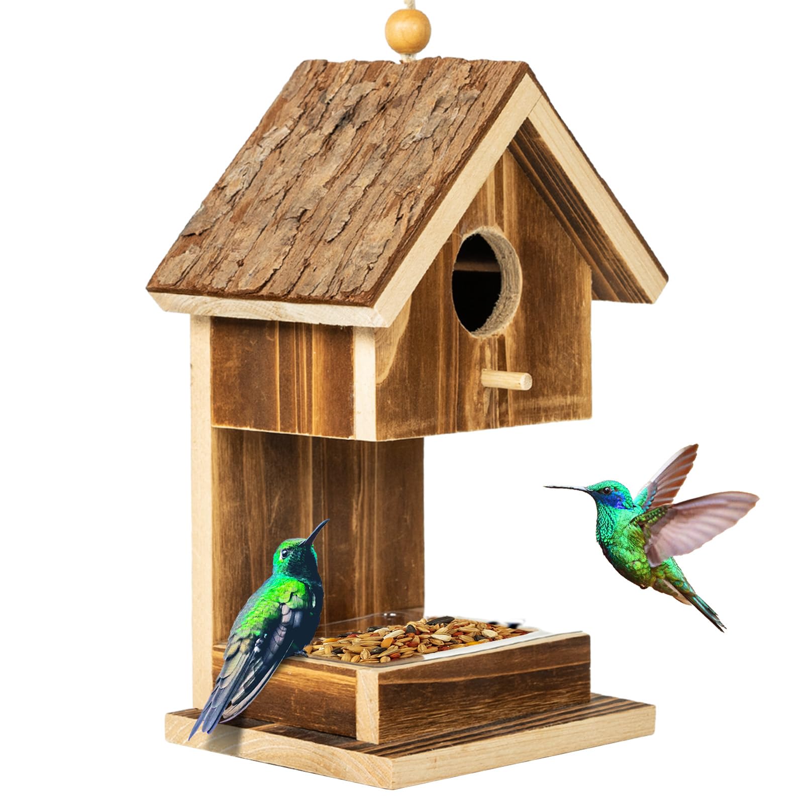 Photo 1 of Bird Houses for Outside Hanging Bird House Feeder for Hummingbirds Cardinal Wren Bluebird Wild Birds Small Natural Wood Birdhouse for Country Cottages Farmhouse Outdoor Garden Decoration