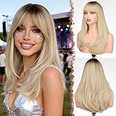 FESHFEN Long Wigs with Bangs, Synthetic Natural Looking Layered Straight Hair Wig for Women Daily Party Use 18 inch, Ombre Blonde