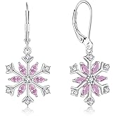 Oskani Women Snowflake Earrings 925 Sterling Silver Heart Birthstone(White/Aquamarine/Sapphire/Pink) Leverback Earrings Cubic Zirconia Dangle Drop Earrings Winter Christmas Jewelry for Her
