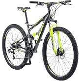 Schwinn Traxion Mountain Bike for Adult Men Women, 29-Inch Wheels, Full Suspension, 24-Speed Shimano Drivetrain, Trigger Shifter, 18-Inch Aluminum Frame, Mechanical Disc Brake, Matte Grey/Neon Green