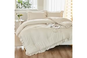 Litanika Comforter Full Size Set Beige, 3 Pieces Ruffle Lightweight Bedding Comforter Set, Fluffy Bed Set (79x90In Comforter, 2 Pillowcases)