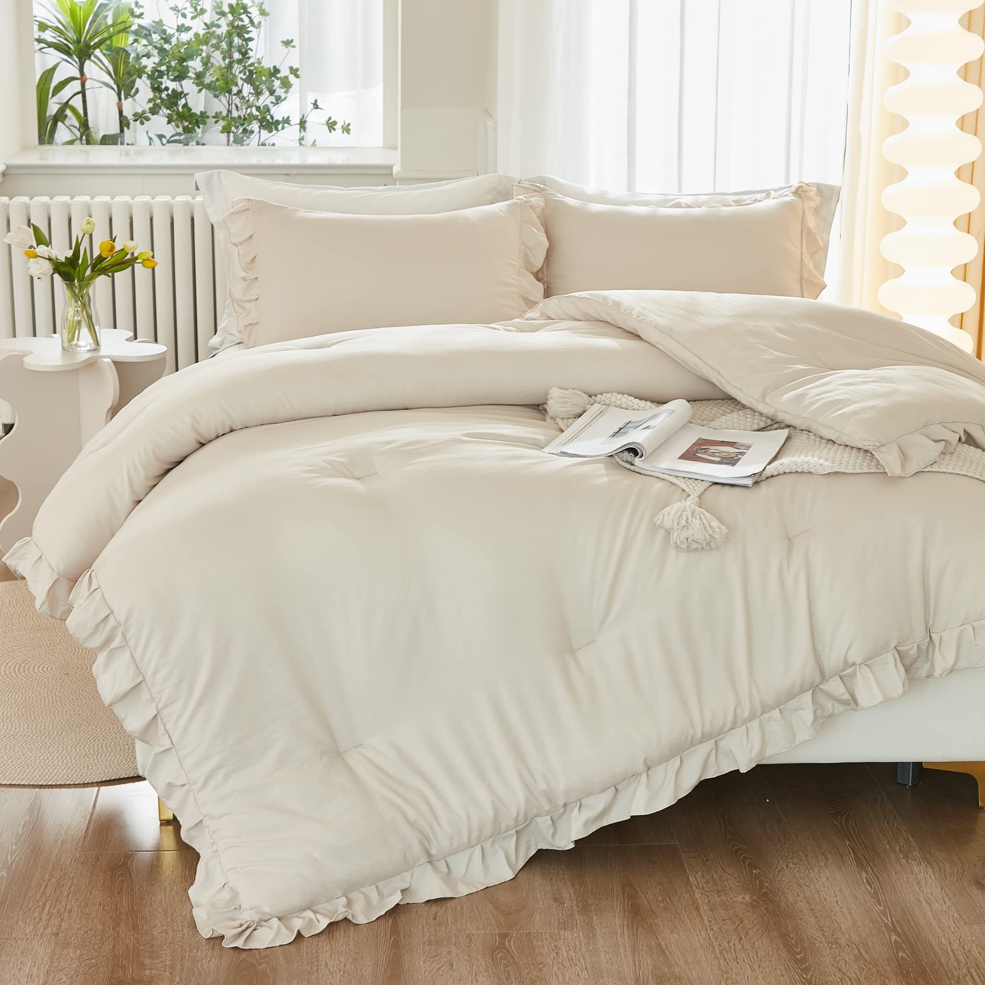 Photo 1 of (PARTIAL SET) Litanika Comforter Full Size Set Beige, 3 Pieces Ruffle Lightweight Bedding Comforter Set, Fluffy Bed Set (79x90In Comforter, 2 Pillowcases)