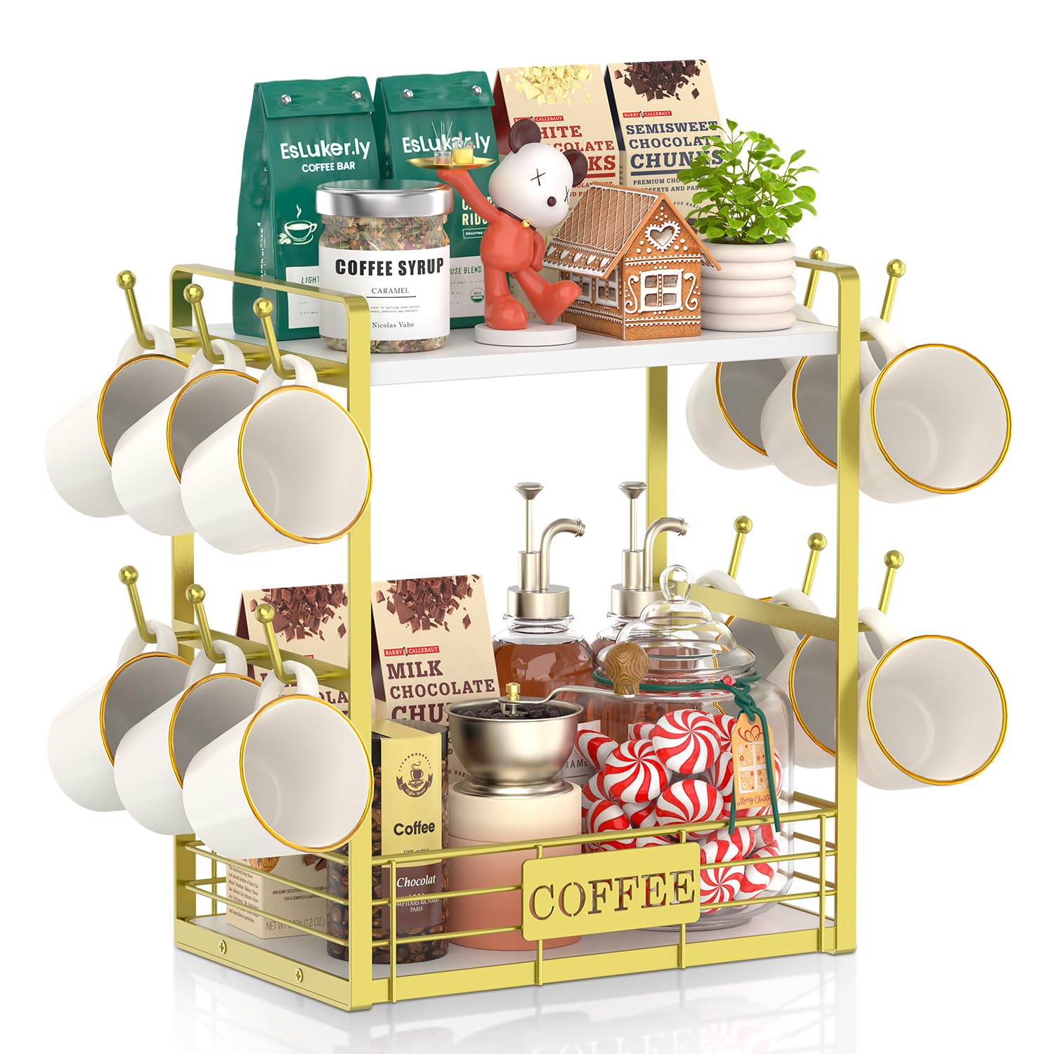 Photo 1 of EsLuker.ly Coffee Mug Cup Holder Tree Bar Station Organizer, 2 Tier Mug Stand Rack for Countertop Kitchen, Storage Tower Display Shelf with 12 Hooks, Coffee Nook Enhancer, White-Gold