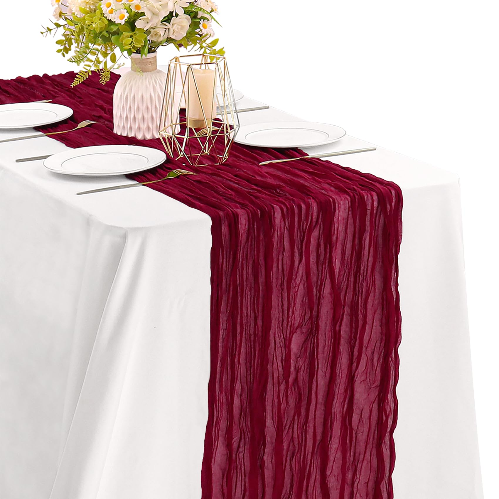 Photo 1 of Burgundy 10FT Cheesecloth Table Runner Boho Gauze Fabric Table Runner Rustic Sheer Runner for Wedding Bridal Baby Shower Birthday Party Boho Table Decor?1 Pack Burgundy?