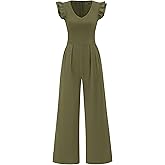 PRETTYGARDEN One Piece Jumpsuits For Women Dressy Ruffle Cap Sleeve V Neck Ribbed Knit Wide Leg Romper Casual Spring Outfits