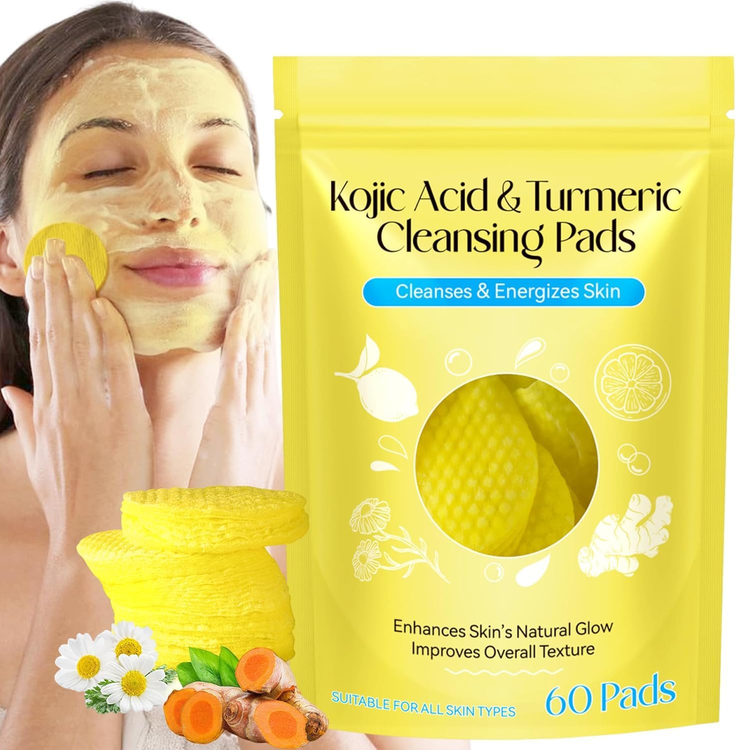 Turmeric Kojic Acid Pads, Turmeric Kojic Acid Cleansing Pads, Helps Balance Skin Oil And Water, Exfoliating, Acne Scars, Unclog Pores, Turmeric Pads Infused Foaming Exfoliating Pads