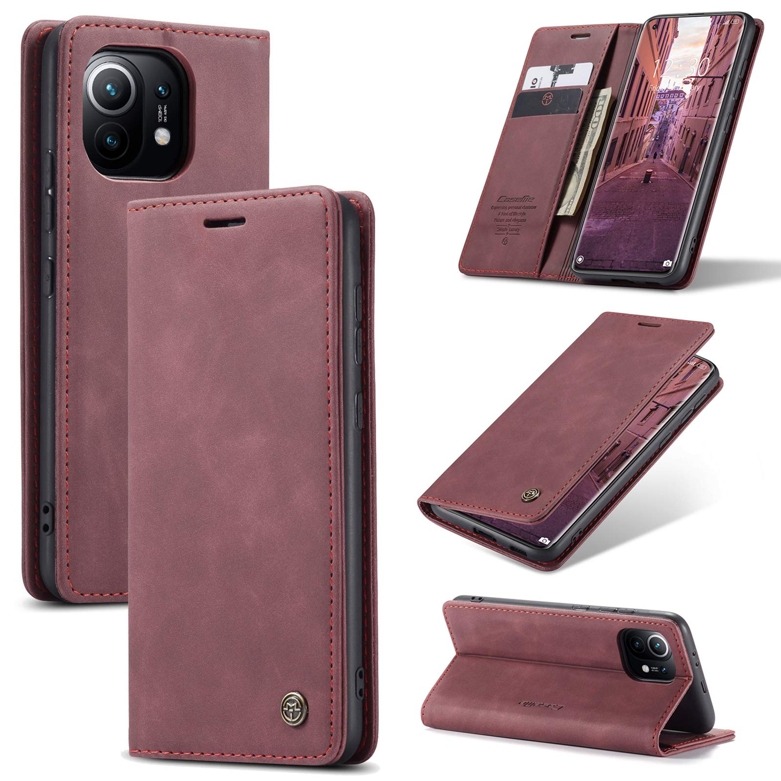 UFinetech Case for Xiaomi Mi 11, Leather TPU Cover Shell for Xiaomi Mi 11 5G, Slim Soft Flip Folio Magnetic Closure Kickstand Card Holder Wallet 2-in-1 Shockproof Anti-scratch Camera Protector, Red — image 1