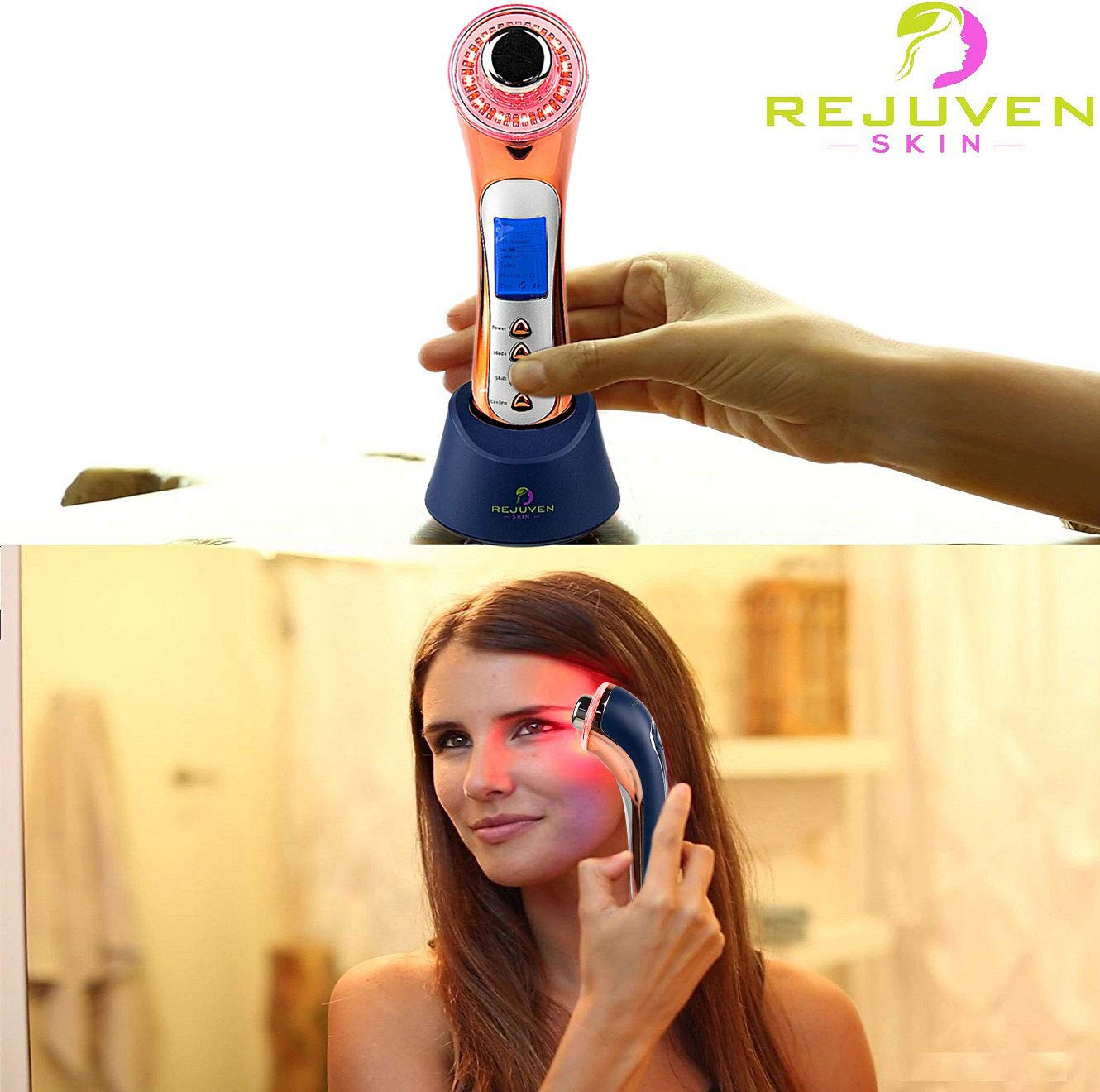 Rejuven Skin 5-in-1 Anti aging facial toning device combining Galvanic, LED Light therapy, Wave and Microvibration to reverse aging, tighten skin. reduce fine lines and wrinkles: Beauty