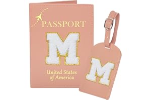 ULICO Initial Passport Cover Holder and Luggage tag Set,PU Leather Passport Case Travel Suitcase Tag with Letter Patch, Personalized Travel Luggage Accessories Gifts for Women Grils Teenage Pink M