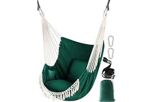 Chihee Hammock Chair Hanging Swing 2 Pillows Included,Strong Webbing Straps and Hooks for Easy Hanging Soft Cotton Hanging Chair Side Pocket Tassel Chair Comfort Indoor Outdoor