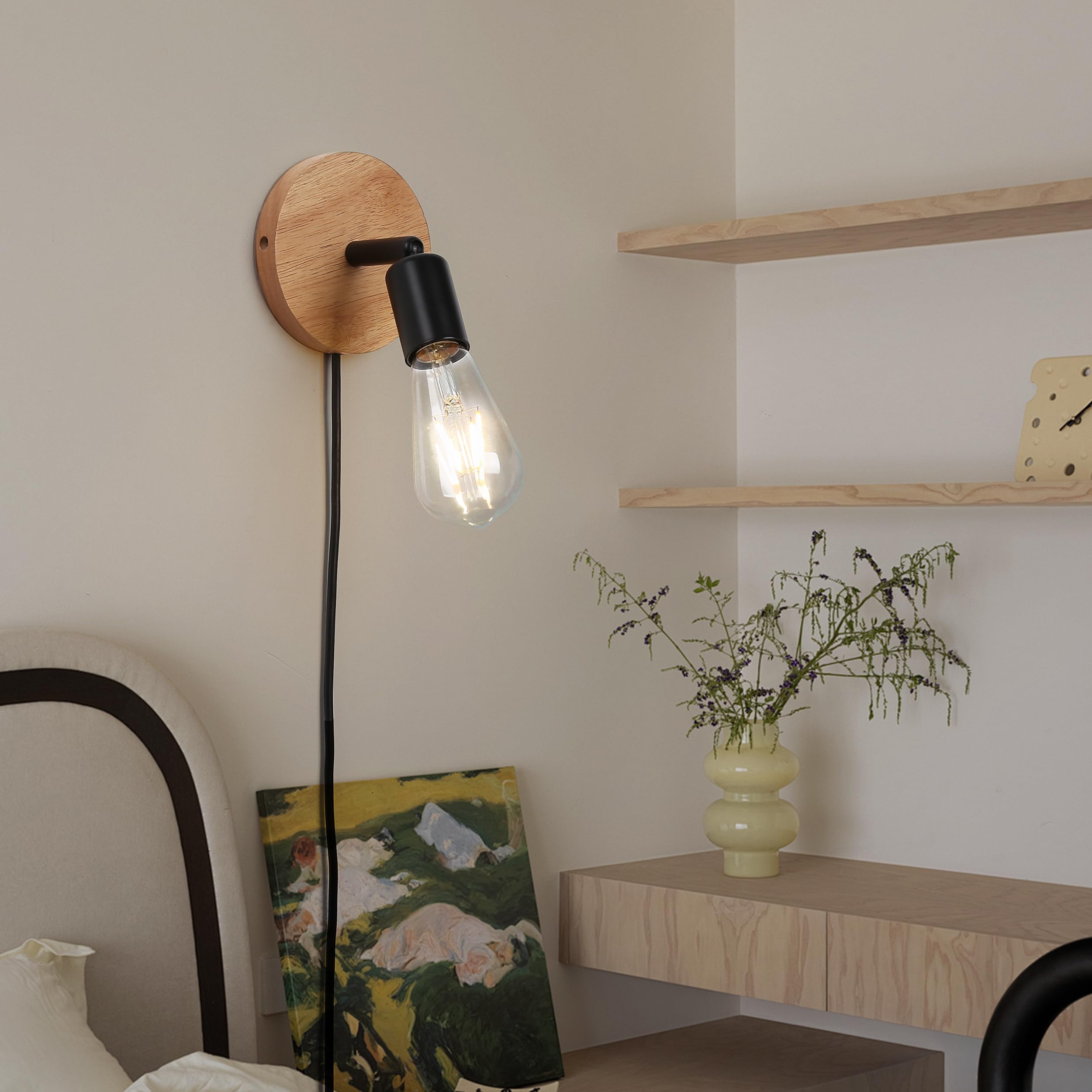 SUNLLOK Modern Vintage Steampunk LED Wall Lamp - Industrial Adjustable Plug in Cord Wood Wall Sconce Lighting Fixture with Switch - Indoor Reading Light Porch Decoration for Kids Bedroom Living Room