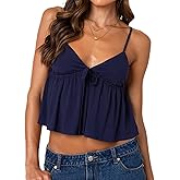 Women Y2k Babydoll Cami Top Spaghetti Strap V Neck Tie Tank Tops Summer Going Out Ruffle Hem Crop Camisole