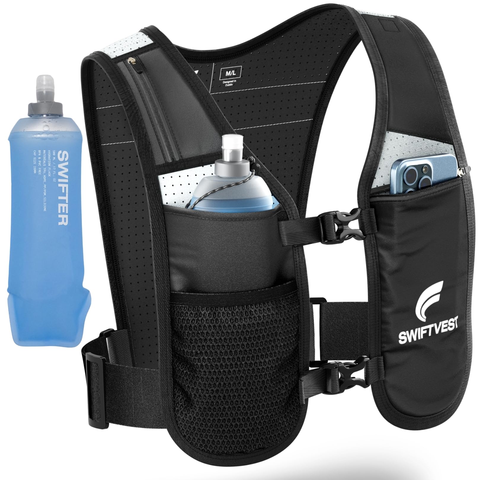 SWIFTVEST Running Vest for Women Men, INCLUDED - 500ml Soft Flask Water Bottle, Lightweight Reflective Phone Holder, Hydration Vest, Adjustable Unisex, Running Accessories