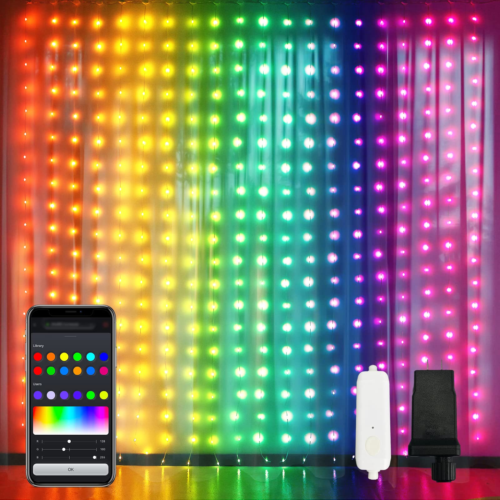 Photo 1 of JMEXSUSS App-Controlled Color Changing Curtain Lights, 400 LED RGB String Lights for Halloween, Bedroom, Window, Wall, Party, Backdrop, Christmas, Indoor, and Outdoor Decorations, 6.5x6.5ft