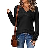 Zeagoo Womens 2026 Fall Sweaters Casual Long Sleeve Ribbed Knit Pullover V Neck Lightweight Crochet Pullover Sweater Top