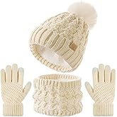 Tavaleu Kids Winter Beanie Hat Scart Gloves Set,Girls Fleece Lined Knitted Pom Hat Neck Warmer Knit Gloves for Children