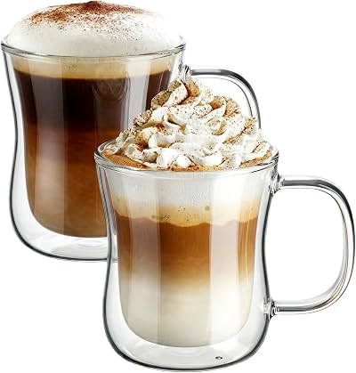 ecooe 2x350ml Double Wall Glass Cups Borosilicate Mugs with Handle Set