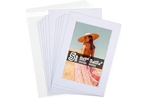 Falling in Art Acid Free 5 Pack 5x7 Pre-Cut Mat Board Show Kit for 4x6 Photos, Prints or Artworks, 5 Core Bevel Cut Matts and 5 Backing Boards and 5 Crystal Plastic Bags, White