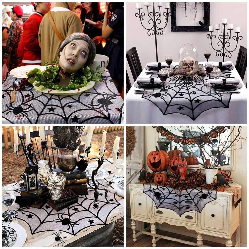 Trentixel 4 Pcs Halloween Decorations Set, Halloween Tablecloth Spooky Bat Spiderweb Lace Rectangular Tablecloth, Round Lace Table Cover, Halloween Lamp Shades and Fireplace Scarf Cover