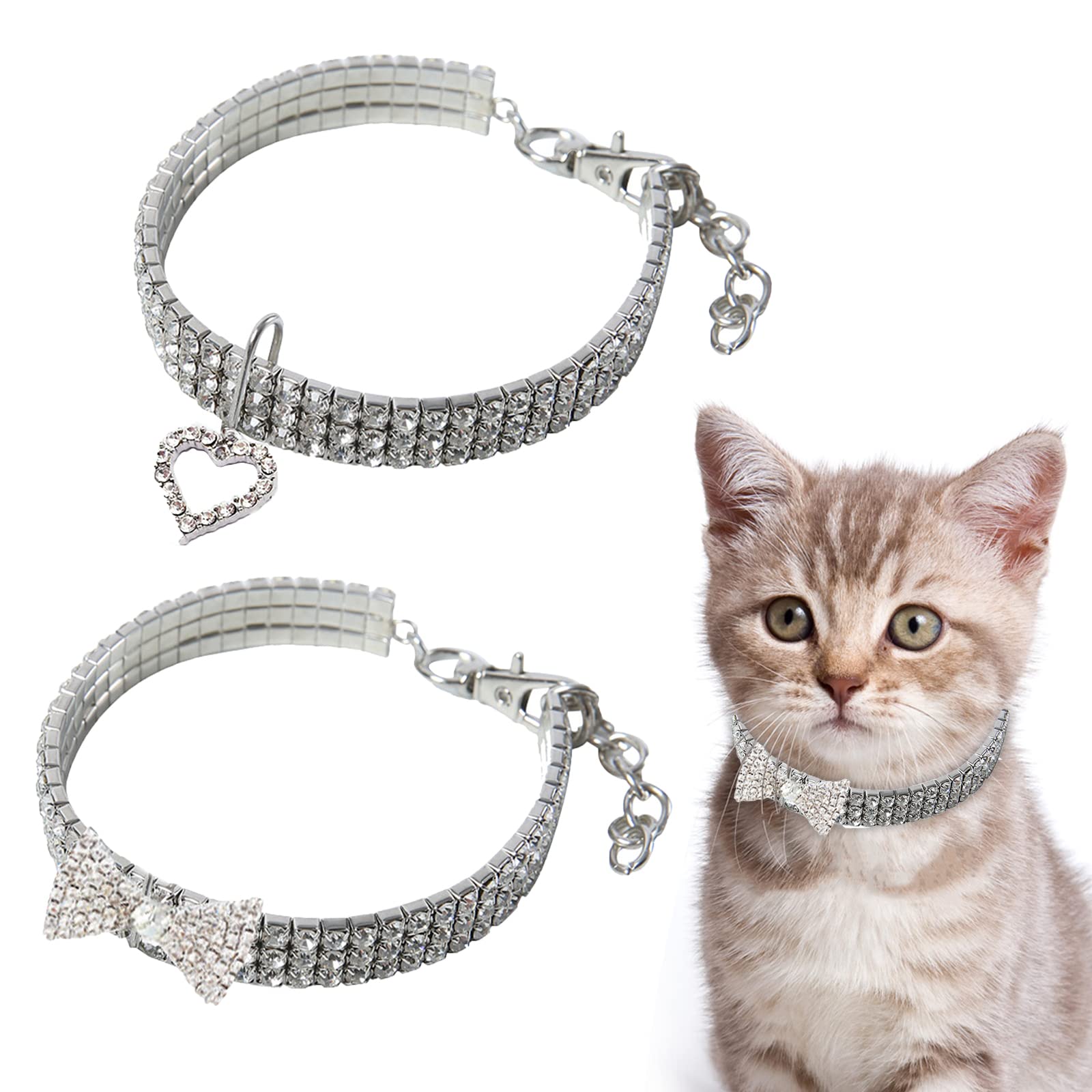 HACRAHO Rhinestones Cat Collars, 2 PCS Cat Collars with Bling Diamonds Adjustable Cat Collar Necklace for Small Pets Cats Puppy, S
