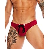 MIZOK Mens Sexy T-Back Thong Swimsuit G String Pouch Swimwear Quick Dry Bikini with Drawstring