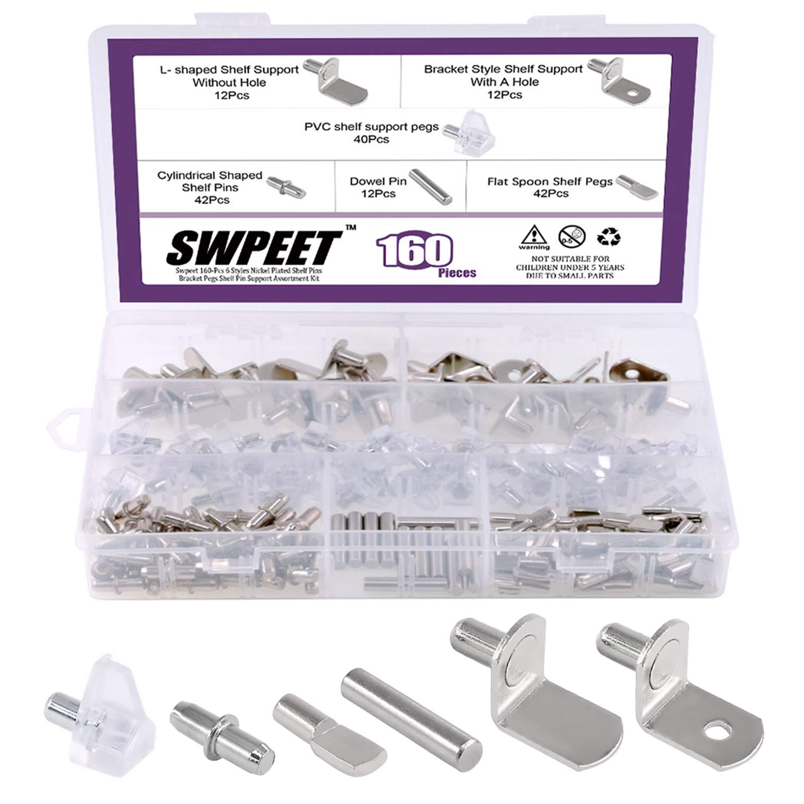 Sweet 160Pcs 6 Styles shelf Pins Kit Nickel Plated Bracket Pegs for Cabinets, Entertainment Centers