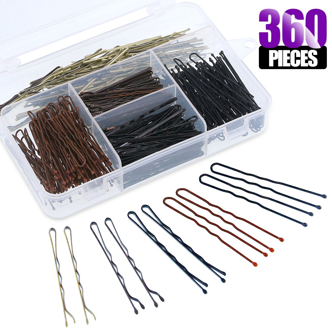 Swpeet 360 Pieces 2 Styles Hair Pins Kit, Including 216Pcs Bobby Pins and 144Pcs U Hair Pins Hair Clips with Storage Box for Girls and Women, Gold,Brown and Black
