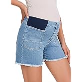 BLENCOT Women's Maternity Denim Shorts Mid-Rise Stretch Pregnancy Lounge Frayed Hem Plus Size Jeans Short with Pockets