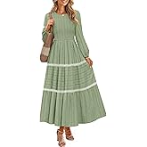 ZESICA Women's Spring Long Sleeve Maxi Dresses 2026 Casual Crewneck Smocked A Line Tiered Flowy Wedding Guest Long Dress