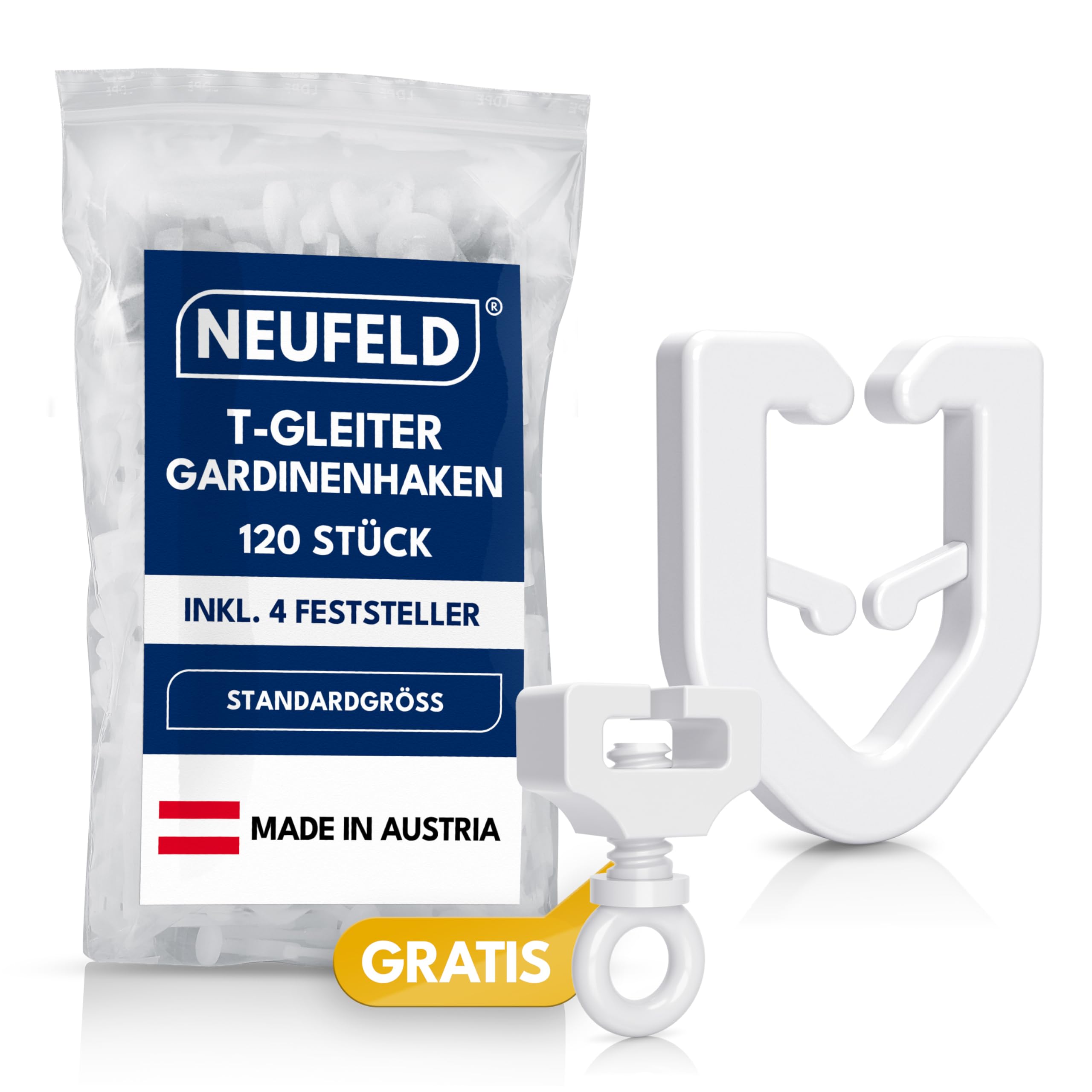 NEUFELD 120 T-glider (incl. 4 attachments) curtain hooks for T-rail - caravan curtains in standard size - curtain glider