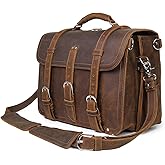 Polare Thick Full Grain Leather 16'' Briefcase Shoulder Messenger Bag For Men Fit 15.6'' Laptop