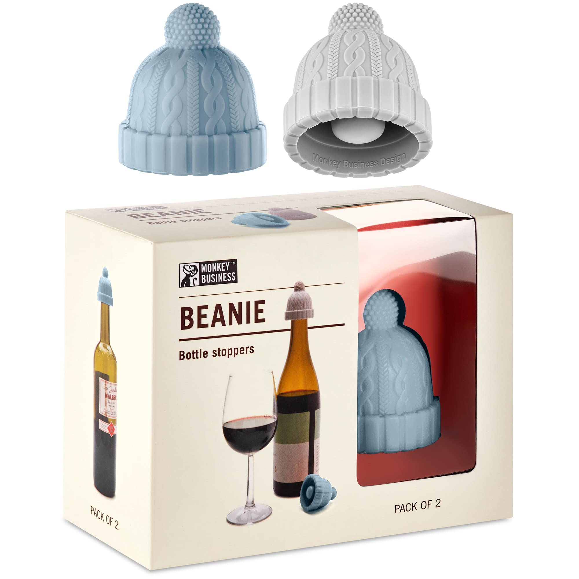 Beanie Cap Decorative Silicone Bottle Stopper in a Gift Box, Set of Two, Novelty Cork, Beverage and Wine Keeper, Champagne Bottle stoppers (Blue & Grey) — image 1
