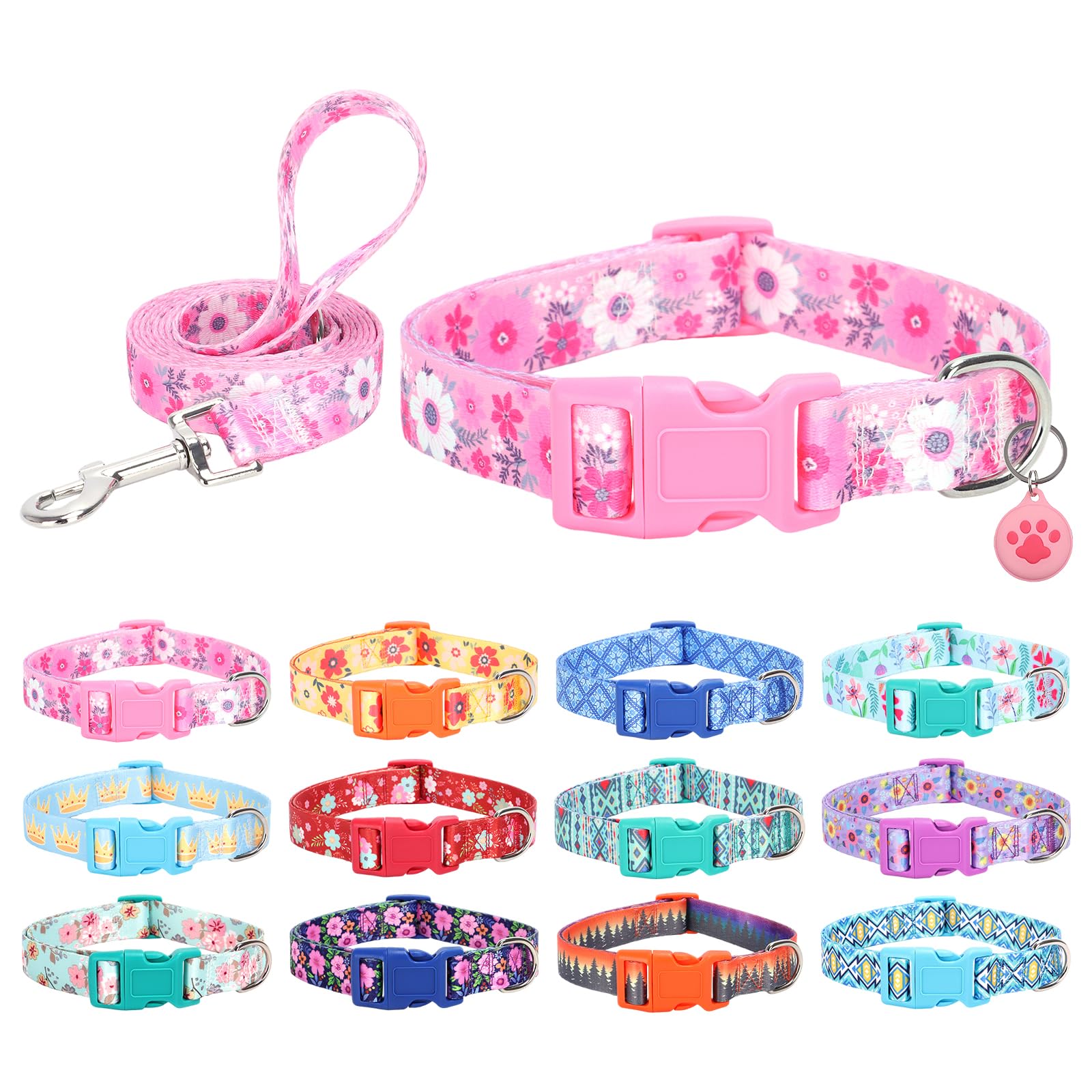SLZZ Dog Collar with lead Airtag Holder Case Set - Dog Collars for Male Female Boy Girl Puppy X-small Small Medium Large Dogs Walking Running Training - Pink Daisy/M