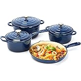 Ceramic Coated Cast Iron Cookware Set, 9-Piece Enameled Dutch Oven and Skillet Set with Lids, Nonstick Pots and Pans Set for Bread Baking, Oven Safe, Induction Compatible, PFAS-Free (Navy Blue)