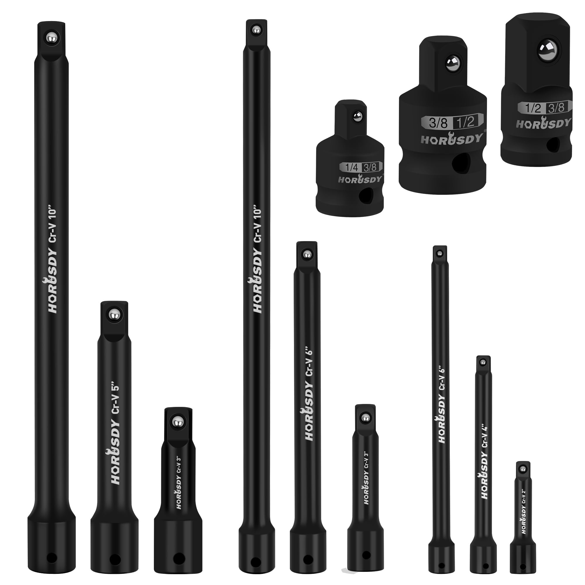 HORUSDY 12-Piece Driver Extension Bar Set Includes Socket Adapters, 1/4", 3/8", and 1/2" Drive, Tool Accessory Set, Socket Extension Bar, Heat-Treated CV-R Steel with Black Phosphate Finish