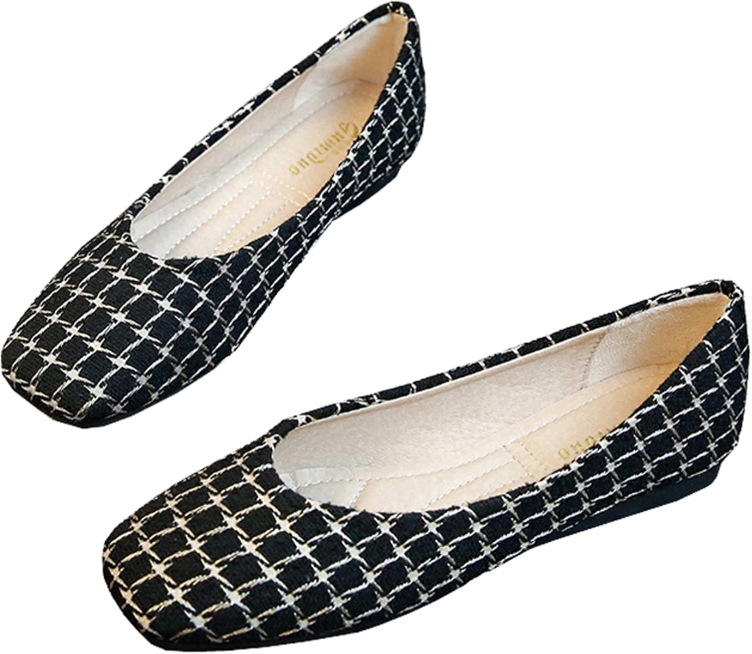 ChaiRong Zhou Women's Cute Bowtie Square Toe Plaid Ballets