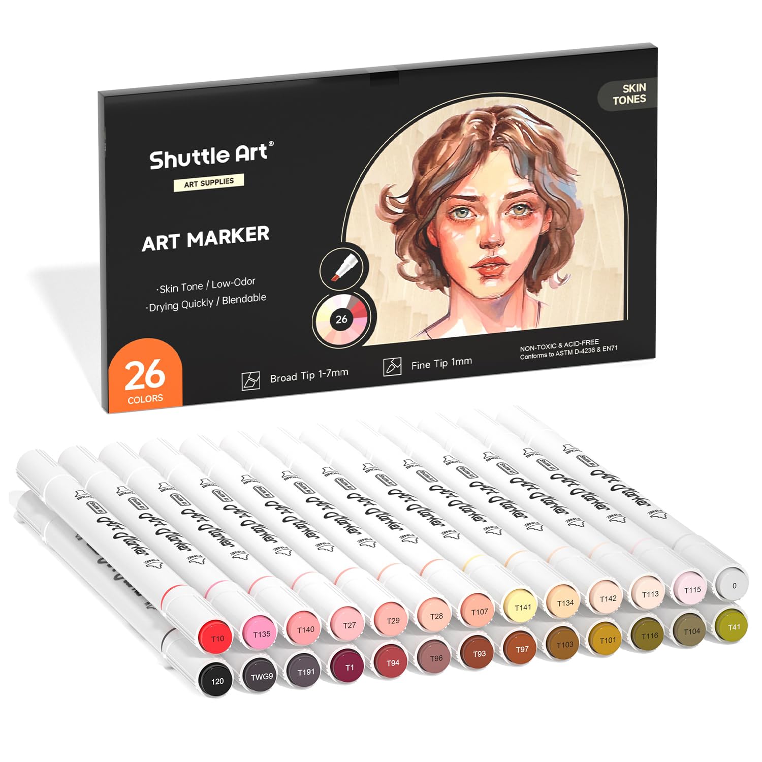 Shuttle Art 26 Colors Skin Tone&Hair Art Markers, Dual Tip Alcohol Based Flesh-Color Marker Pen Set Contains 1 Blender Perfect for Kids & Adults Portrait,Comic, Anime, Manga, Illustration